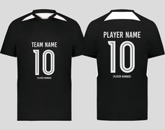 HOW TO ORDER  * Please, Check and Review all Photos. * Select Your T-Shirt Color, Size and Design Option from drop down menus. * Personalization Required  A) Enter Team Name (Front Text) B) Enter Player Number C) Enter Player Name  (Back Text) D) Text Color (Image 9) Example:  Team Name: Lions Player Number: 12 Player Name: Fred Text Color: White * Choose Your Quantity as much as you want. * Click ADD TO CART. And, you can go back to add more product color for your family members and text colors Black Tops With Logo Print For Team Events, Black Team Spirit T-shirt With Branding, Black Tops With Name Print For Team Events, Custom Black Shirt With Team Name, Black Team Spirit Shirt For Team Events, Black Branded T-shirt For Team Events, Branded Crew Neck Tops For Team Events, Sporty Short Sleeve Tops For Customization, Football Jersey Shirt