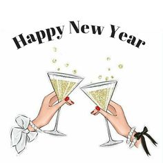 two hands holding champagne glasses with the words happy new year