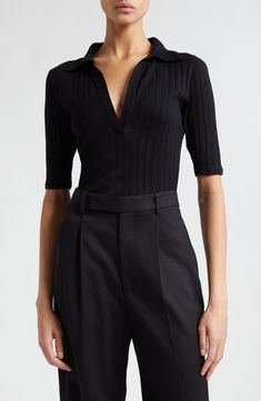 Vince Rib Cotton Polo | Nordstrom Polo Collar Shirt Women Outfit, Black Polo Shirt Outfit Woman, Ralph Lauren Style Women, Polo Shirt Outfit, Kibbe Dramatic, Polo Shirt Outfits, Dramatic Classic, Classic Style Outfits, Emilia Wickstead