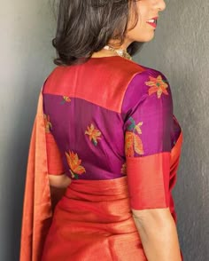 Threadwork Saree Blouses, Orange Choli Designs, Two Colours Blouse Designs, Trendy Blouse Designs For Silk Sarees, Colour Blouse Designs, Patchwork Blouse Designs, Blouse Designs High Neck, Cotton Saree Blouse Designs, Saree Blouse Neck Designs