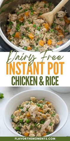 an instant pot chicken and rice recipe in a white bowl with a wooden spoon on the side