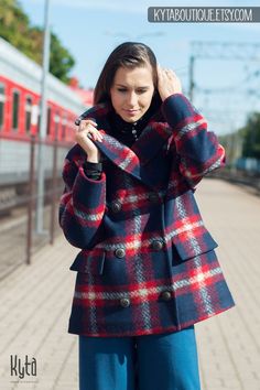 "Elegant short coat for women for autumn and spring seasons. Stylish plaid coat made from soft and warm wool fabric. Feminine, button up wool coat with wide silhouette, classical open collar and two side pockets. It is perfect outside wear solution when warmth and elegance has to be combined! Your will love the quality and design. Sewn with meticulous attention to every detail! DETAILS: * Wool coat for maximum comfort and elegance * Oversize design * Two large side pockets * Custom size upon you Plaid Wool Coat With Long Sleeves, Plaid Wool Outerwear For Winter, Winter Wool Plaid Outerwear, Winter Plaid Wool Outerwear, Plaid Wool Coat For Winter, Coat For Fall, Short Coats Women, Women Coat, Coat For Women