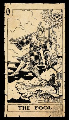 the fool tarot card is shown in black and white