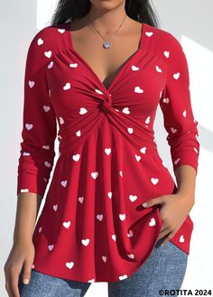 ROTITA Plus Size Twist Red Heart Print T Shirt Spring Heart Print V-neck Top, Casual V-neck Top With Heart Print, Red Long Sleeve Printed T-shirt, Red Printed Long Sleeve T-shirt, Long Sleeve Summer Tops With Heart Graphic, Red Heart Graphic Top For Spring, Summer Long Sleeve Tops With Heart Graphic, Red Tops With Heart Graphic For Spring, Cute Red V-neck Top