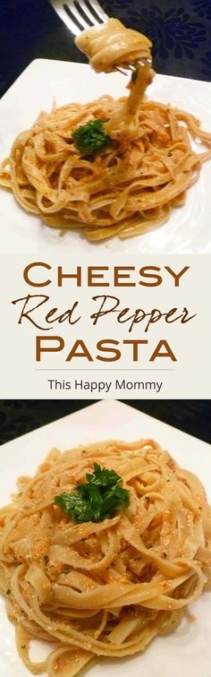 two plates with pasta on them and the words cheesy red pepo pasta