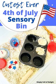 4th of July Sensory Bin 4th Of July Sensory Bin, July Sensory Bin, Preschool Curriculum Themes, Independence Day Activities, Patriotic Activities, Preschool Playground, Fourth Of July Crafts For Kids, Moon Sand