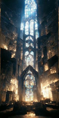 the inside of a cathedral with stained glass windows