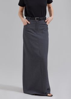 Color: Black Smooth leather Silver tone metal buckle fastening 100% Leather By The Frankie Shop. Made in France The Row Skirt, Preppy Stitch, Long Black Pencil Skirt, Maxi Pencil Skirt, Long Pencil Skirt, Midi Wrap Skirt, The Frankie Shop, Suiting Fabric, Frankie Shop