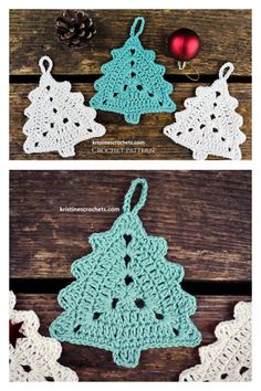 crocheted christmas tree ornament is shown in three different colors and sizes