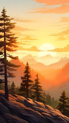 the sun is setting in the mountains with pine trees