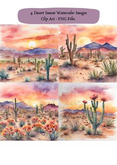 four desert scene watercolor images clip art - png files