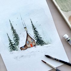 a drawing of a house in the snow with trees and birds on it, surrounded by paintbrushes