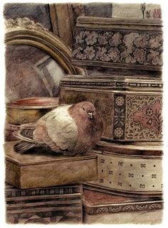 a bird is sitting on top of some old dressers and drawers in this artistic painting