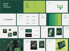 the brand guidelines for farm2 is displayed in green and white, including brochures