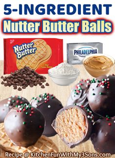 chocolate covered peanut butter balls with sprinkles and other ingredients on a wooden table