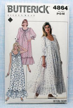 Butterick 4864, Misses' robe and nightgown sewing pattern, Uncut/FF. Misses' size P S M (6 8 10 12 14). The very loose-fitting, flared robe or nightgown has yokes, front band and hemline ruffles, above ankle or ankle length. Robe has below elbow sleeves with elastic and gown has slightly cutaway armholes.  Misses' size P S M Body Measurements: Bust:  30-1/2" to 36" Waist:  23" to 28" Hip:  32-1/2" to 38" Pattern envelope has minor crinkles/folds/tears due to age/storage (see pictures).  Pattern Nightgown Pattern, Dresses By Pattern, Eileen West, Night Gowns, Top Sewing, Vintage Nightgown, Butterick Pattern, Butterick Sewing Pattern, Women's Robe