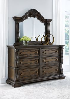 Maylee Dark Brown Dresser and Mirror - Ornate Home Dark Brown Bedrooms, Upholstered Bedroom Set, Brown Dresser, Bed Dresser, Dresser And Mirror, King Upholstered Bed, Queen Upholstered Bed, Winter Furniture, Casual Dining Rooms