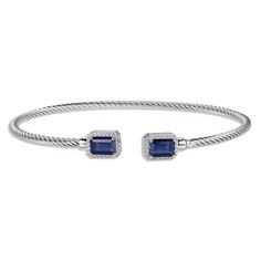 Luxe emerald-cut blue lab-created sapphires are the stars of this striking and stylish bangle bracelet, gleaming at either end of the open cuff design. Round white lab-created sapphires sparkle on each side. The bangle is crafted in sterling silver with a rhodium finish and chic rope texturing. Cuff Design, White Lab, Cuff Bangle Bracelet, Sterling Silver Cuff Bracelet, Big Project, Bracelet Sterling Silver, Sterling Silver Cuff, Color Therapy, Cuff Bangles