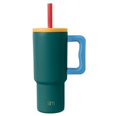 thermos cup with handle and lid is shown in green, yellow and blue