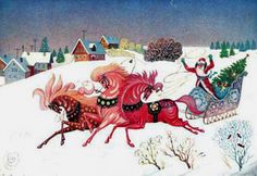 a painting of santa riding on a sleigh pulled by two horses