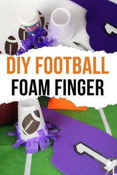 football foam finger puppets with purple and white paper on them, next to sports equipment