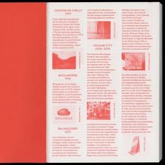 an open book with red pages and pictures on it's front cover is shown