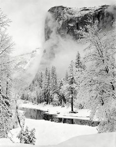 a black and white photo of snow covered trees in front of a mountain with mist coming from the top