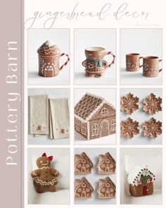 the gingerbread house pattern is shown in many different styles and sizes, including mugs