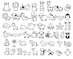 an illustrated set of various animals and birds in black and white on a white background