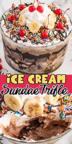 an ice cream sundae trifle with bananas and sprinkles on top