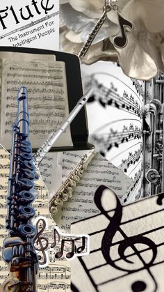 an assortment of musical instruments and sheet music with the words flute written in black on them