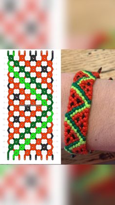 two different bracelets are shown on the left and right hand, one is made with beads