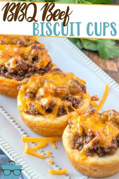 three mini beef biscuit cups on a white plate with the title text above it