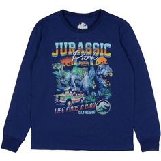 Introducing the Jurassic Park Boys' Jurassic World Life Finds A Way Isla Nubar Kids T-Shirt with long sleeves! This shirt is the perfect addition to any young dino lover's wardrobe. Made from a comfortable blend of cotton and polyester, it is soft and breathable, ensuring your child stays warm and comfortable all day. The classic navy color is accented with bold, colorful graphics that feature the Magnificent Jurassic Park logo and imagery from the hit movie franchise. Batman Comic Cover, Life Finds A Way, Dinosaur Tshirt, Jurassic Park Logo, Kids Clothes Boys, Jurassic World, Jurassic Park, Navy Color, Boys Shirts