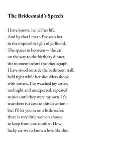 the bridesmaid's speech is shown in black and white, with text below it