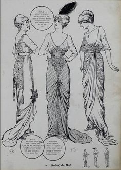 1912, the middle gown is similar to the one I am making for The Unsinkables project 1910s Fashion Women Evening Gowns, 1910 Evening Dress, 1912 Dresses Evening Gowns, 1912 Fashion Women Evening Gowns, 1910 Evening Gown, 1912 Fashion, Early 20th Century Fashion