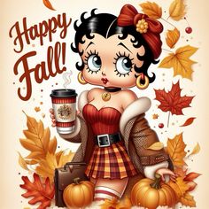 a cartoon girl holding a cup of coffee in her hand with autumn leaves around her