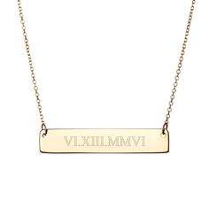 Gold Roman Numeral Necklace! Add a date in roman numerals on the front and a personalized engraving on the back. Nameplate Necklace Gold, Roman Numerals Dates, Coordinates Jewelry, Rose Gold Bar, Silver Bar Necklace, Nameplate Necklace, Couple Necklaces, Gold Bar Necklace, Monogram Necklace