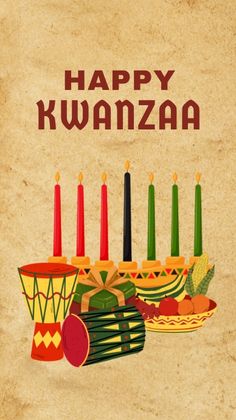 a happy kwanzaa card with candles and other foods on it's side