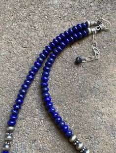 Sterling Silver Lapis Bead Necklace. 18 inch Artisan Beaded Necklaces With Sterling Silver Clasp, Adjustable Beaded Necklaces With Sterling Silver Clasp, Turquoise Squash Blossom, White Buffalo Turquoise, Turquoise Bead Necklaces, Squash Blossom Necklace, Cluster Pendant, Beaded Necklaces, Multi Stone