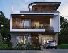 a car is parked in front of a two story house with balconies on the second floor