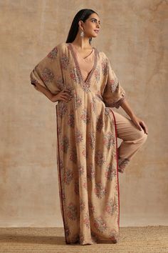 Beige kaftan with floral digital print and beaded embroidery. Comes with straight pant. - Aza Fashions V Neck Kaftan, Floral Digital Print, Pant Set, Straight Pants, Set For Women, Aza Fashion, Deep V Neck, Beaded Embroidery, Deep V