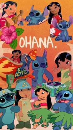 an image of cartoon characters with the word ohana on them in front of them