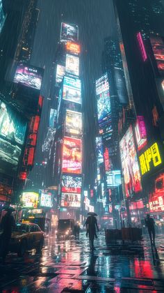 people walking in the rain on a city street at night with neon lights and billboards