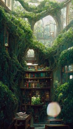 an image of a room with bookshelves and plants growing on the walls in it