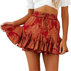 Rust Red Digital Print Pleated Mini Skirt Red Flared Skirt For Summer, Red Skirted Bottoms For Summer, Red Relaxed Skirt For Summer, Red Relaxed Fit Skirt For Summer, Red High Waist Skirt For Summer, High Waist Red Skirt For Summer, Casual Red Flared Skirt, Casual Red Summer Skirt, Red Fitted Skirt For Vacation