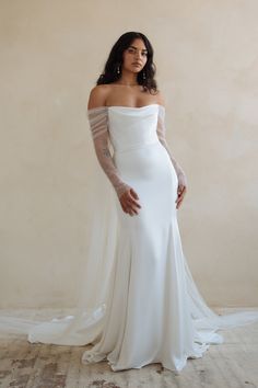 Olivia 9048 Edited 2400x3600 1 Pretty White Dresses Wedding, Loft Wedding Dress, Strapless Wedding Dress With Sheer Sleeves, Simple Elegant Wedding Dress Curvy, Jenny Yoo Olivia, Olivia Wedding Dress, Wedding Dresses With Off Shoulder Sleeve, Elopement Beach Dress, Summer Fancy Dinner Outfit