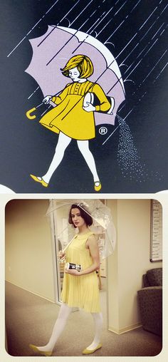 two pictures one with an umbrella and the other with a woman in yellow dress holding an umbrella