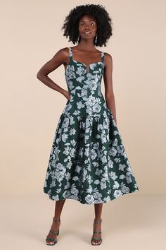 Let everyone know you're an elegant babe from the moment you arrive in the Lulus Major Flirtation Emerald Floral Jacquard Drop Waist Midi Dress! Sleek woven fabric (with a blue-toned floral jacquard) shapes this elevated dress that has adjustable straps and a sweetheart-style neckline with seamed cups and a hidden U-bar support. Fitted silhouette continues into a drop waist that falls to a flaring midi hem. Hidden zipper/clasp at back. Fit: This garment fits true to size. Length: Mid-calf length Floral Print Jacquard Midi Dress, Midi Length Jacquard Dress With Floral Print, Chic Jacquard Floral Print Dresses, Chic Jacquard Dresses With Floral Print, Elegant Jacquard Midi Dress With Floral Print, Elegant Green Jacquard Dresses, Sleeveless Jacquard Floral Print Dress, Sleeveless Jacquard Midi Dress, Fitted Sleeveless Jacquard Midi Dress