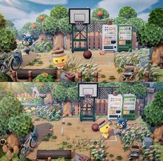 two pictures of the same game with different scenes and characters in each photo, one has a basketball hoop